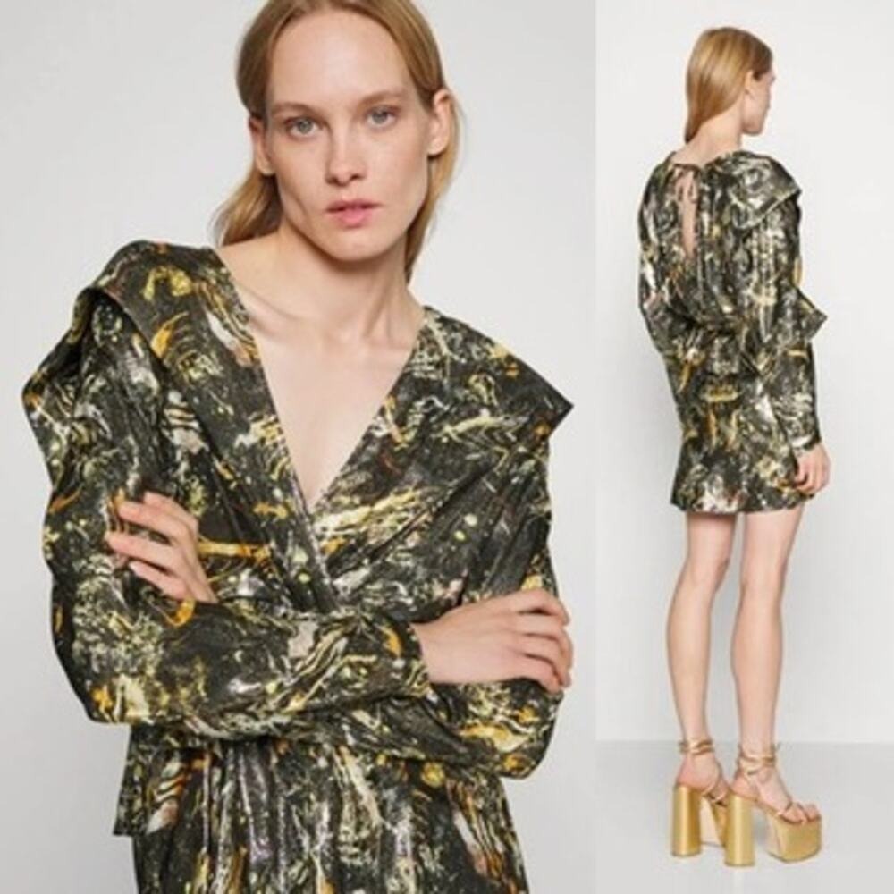 NWT IRO Womens Kanter Fitted Waist Metallic Long Sleeve Mini Dress Size 34